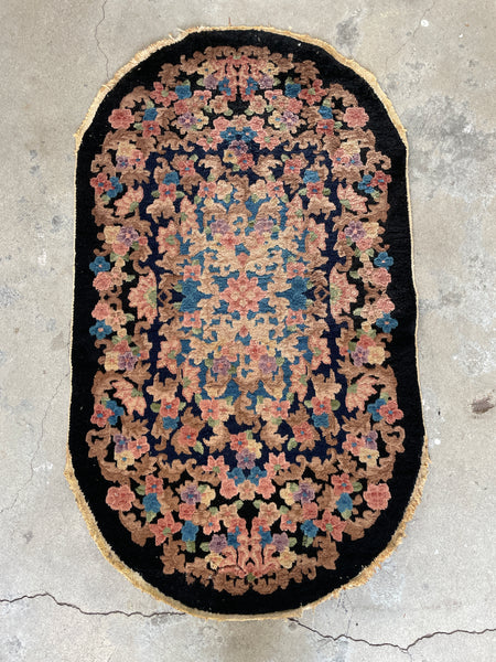 Oval Black Floral Antique Chinese Rug #3315