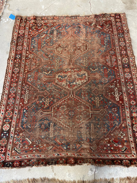 4'7 x 5'10 Antique Worn Persian Rug #429 / Small Vintage Rug