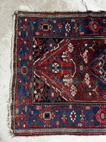 Kurdish Persian rug with rectilinear motifs and patina-rich wool, 3'3 x 6'4 vintage scatter rug

