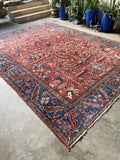 Antique Persian Heriz w French Blue Borders Rug / 9'6 x 12'2 Heriz Rug #3251