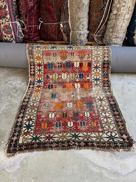 Small Worn Tribal Rug / 3'5 x 4'5 Rug #4256ML