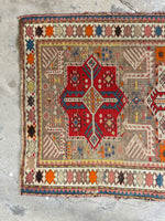 Worn Antique Tribal Rug / 3'4 x 5'4 Caucasian Rug #3170