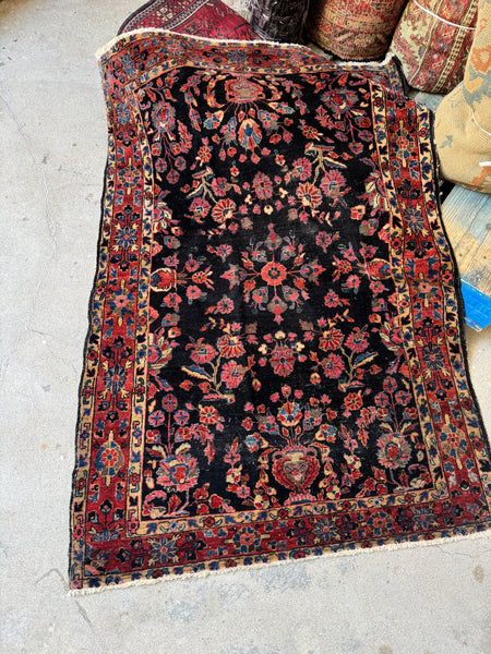 Small Midnight Blue Floral Persian Rug / 3'5 x 5' Antique Rug #4261ML