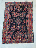 Small Midnight Blue Floral Persian Rug / 3'5 x 5' Antique Rug #4261ML