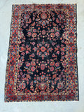 Small Midnight Blue Floral Persian Rug / 3'5 x 5' Antique Rug #4261ML