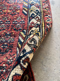 Close-up detail of brick red shrub field pattern on antique Kurdish runner rug
