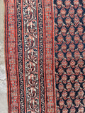 Side border detail of antique Persian rug showing caterpillar vine design on ivory ground with rust and navy guard stripes