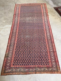 Full flat lay of antique Persian boteh rug showing midnight blue field with rust and terracotta paisley repeat and ivory caterpillar border