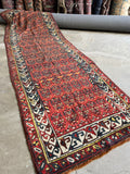 Antique Persian Kurdish Runner Rug / 4x12 Brick Red Allover Shrub Field Kurdish Runner #3943