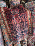 Antique Persian Malayer accent rug 2'7x3'10, deep navy tribal field with coral medallion, full view