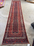 Antique red navy Persian narrow hallway runner rug 3x12, rare narrow format full length view