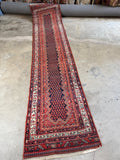 long vintage skinny Persian hallway runner rug 3x12, rare narrow format full length view