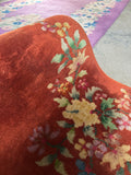 2x4 warm coral Chinese antique rug, floral Art Deco wool rug, small vintage rug.