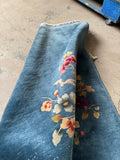 3x5 blue floral wool rug, Chinese Art Deco antique rug, vintage hand knotted small area rug.