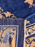 1930s blue Peking antique wool rug back side view illustrating the authentic hand-knotted weave and knot density.