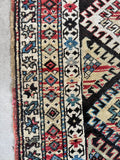 3x16 red blue antique tribal runner rug, Caucasian wool hallway runner with stacked diamond medallions.
