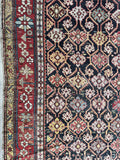 Antique Caucasian rug showing bold floral chain on red ground.
