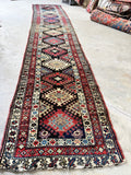 3x16 black brown antique tribal runner rug, long Caucasian wool hallway runner circa 1880.