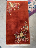 2x4 burnt coral Chinese Art Deco rug, antique wool floral rug, vintage small entry rug.