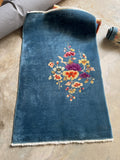 3x5 blue floral Chinese Art Deco rug, vintage hand knotted wool rug, antique 1930s small area rug.