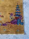 Vintage Chinese pictorial rug with pagoda and landscape elements.