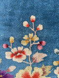 3x5 teal blue vintage rug, Chinese Art Deco wool rug, antique floral area rug with velvety wool pile.