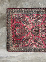 Symmetrical floral Sarouk rug with dainty border bands.