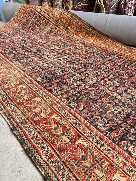 Antique Persian rug with navy blue field and intricate small-scale motifs.