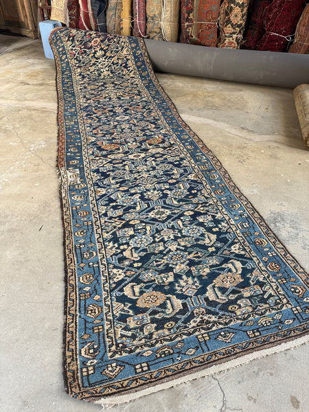 Full view of antique 1920s Persian Hamadan runner.