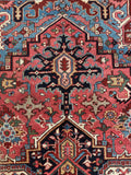 Antique Heriz rug 8x11 central medallion coral French blue.