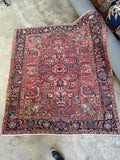 Antique Persian Heriz rug square 7x8 watermelon red field.