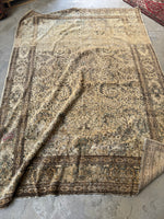 Full view of antique 1880s Persian Lavar Kerman rug with floral design.