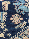 Decorative motif detail on antique Persian Malayer rug with vegetable dyed palette.