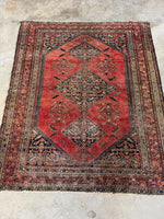 Full view of antique Persian Afshar rug with square 5x6 shape.