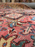 8x11 antique Persian Heriz rug, coral blue medallion area rug with hand knotted wool construction, large Northwest Persian tribal rug with strong geometric drawing.