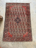 full view of vintage persian floral and paisley ferahan rug laid on concrete