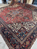 Antique Persian Heriz rug 10x13 French blue medallion vegetable dyed wool.