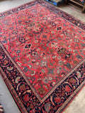 Antique Persian Mahal rug, 11'2 x 13'5 oversized antique carpet with a deep watermelon ground and natural abrash.