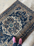 Antique Persian Malayer Rug / 4'5 x 6'6 Midnight Blue Field and Ivory Geometric Medallion Persian Rug #4531