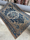 Antique Persian Malayer Rug / 4'5 x 6'6 Midnight Blue Field and Ivory Geometric Medallion Persian Rug #4531
