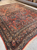 Antique Persian Rug 8x11 coral pink Dargazine with floral design, beautiful abrash, and healthy wool pile.