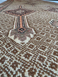 4x13 tan antique Persian Camel Hair runner rug, vintage Serab hallway rug.