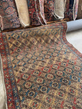 Vintage Persian Bidjar rug, hand knotted antique wool rug featuring alternating camel and chocolate grounds with an allover geometric design.