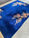 Royal blue antique Chinese Art Deco rug handwoven with vegetable-dyed wool.