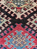 3x16 red ivory antique Caucasian rug, tribal diamond medallion runner with historic wool dyes.