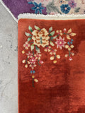 2x4 rust coral Chinese Art Deco rug, vintage floral wool rug, small antique hand knotted rug.
