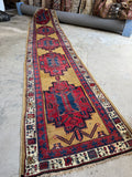 Long antique Persian runner rug. 3x16. Red blue gold tribal vintage.