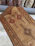 4x13 camel antique Persian Serab runner rug, vintage wool hallway rug with geometric medallions