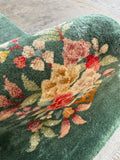 2x4 green floral rug. Vintage Chinese Art Deco rug. Small wool area rug. Sage green decorative rug.