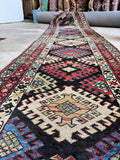 3x16 blue red antique wool runner rug, Caucasian tribal hallway rug with geometric design.